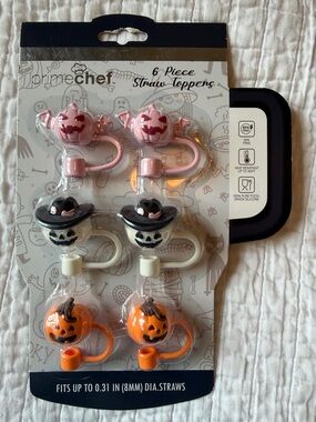 NWT- 6 pc- Halloween Pumpkin & Ghost Straw Toppers set - Pink, white & Orange.